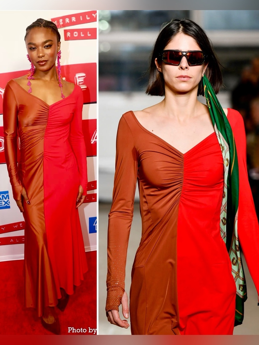 Marine Serre Fall 2018 Runway Maxi Dress Colorblock Red Brown Long Sleeve Large